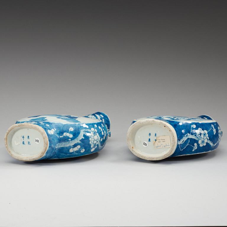 A set of two blue and white moon flask, Qing dynasty, 19th Century.