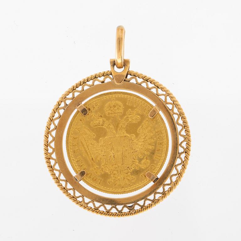 Coin of gold set in a pendant of 18K gold, Franz Joseph I Austria-Hungary 1915.