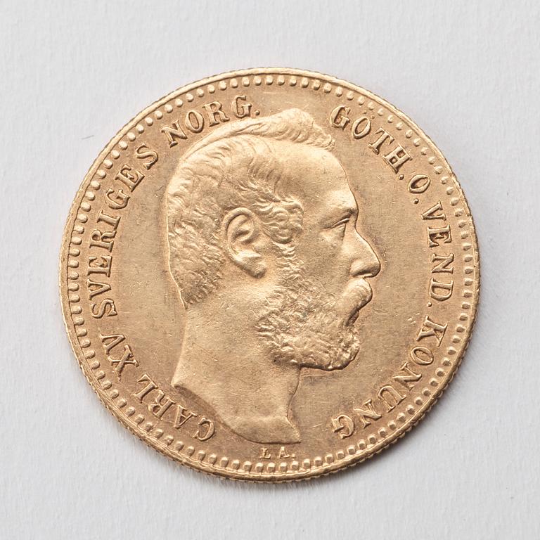 A Swedish 1 Carolin / 10 Francs in gold, with the Swedish and Norwegian King Karl XV, 1868.