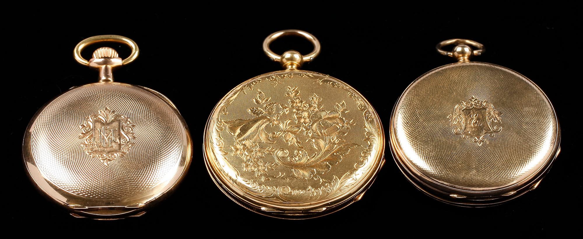 DAMFICKUR, 3 st, guld 14K, sent 1800-tal till tidigt 1900-tal.
