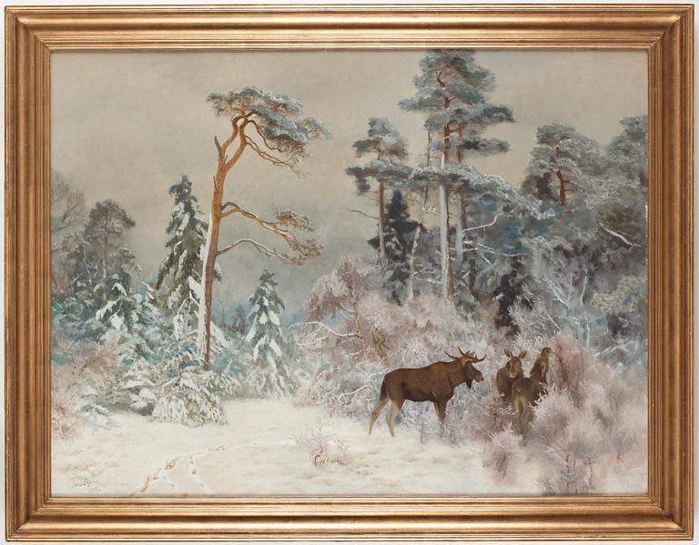 Bruno Liljefors, Winter landscape with moose.