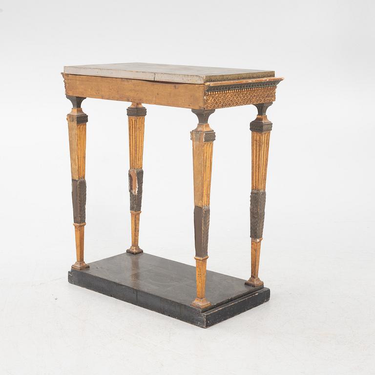 A giltwood, patinated, and faux-marbre console table in the manner of J. Frisk, Stockholm, circa 1800.