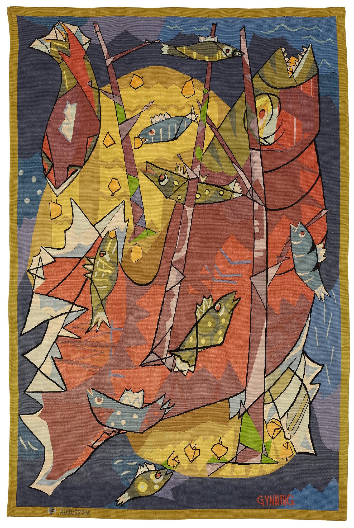 Lars Gynning, A TAPESTRY, "Havsfiskar", tapestry weave, ca 183,5-184,5 x 121-122 cm, signed PF AUBUSSON GYNNING, the 1950's.