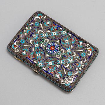 A Russian 20th century silver and cloisonne enamel cigarette case, mark of Mikhail Zoirn, Moscow 1908-1917.