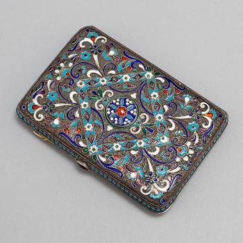 A Russian 20th century silver and cloisonne enamel cigarette case, mark of Mikhail Zoirn, Moscow 1908-1917.