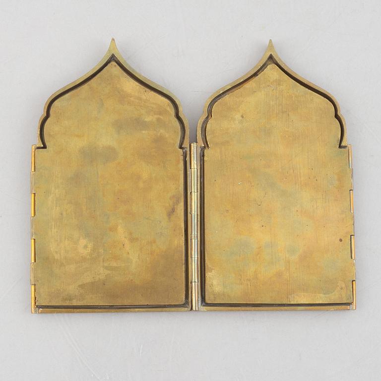 Travel icon, brass and enamel, Russia, 20th century.