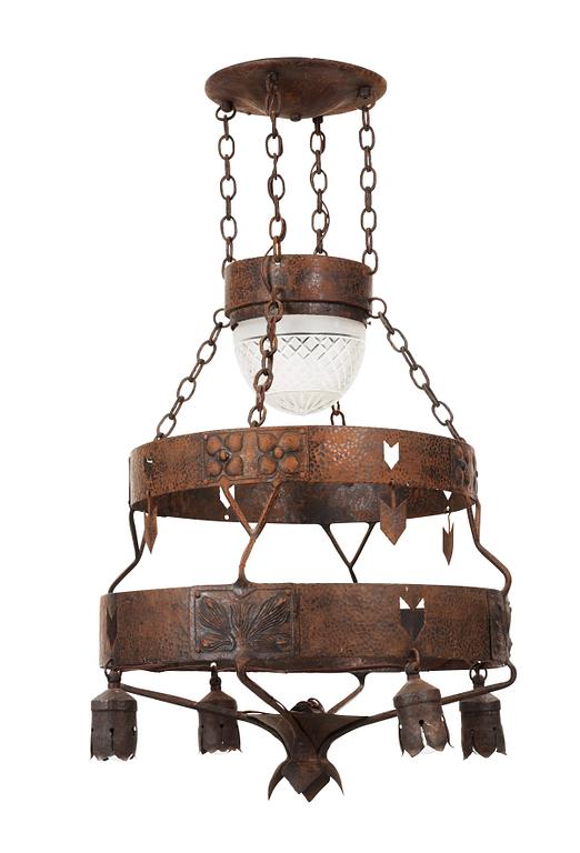 Carl Westman, A hammered iron ceiling lamp attributed to Carl Westman Arts and Crafts, Sweden ca 1902-1905.