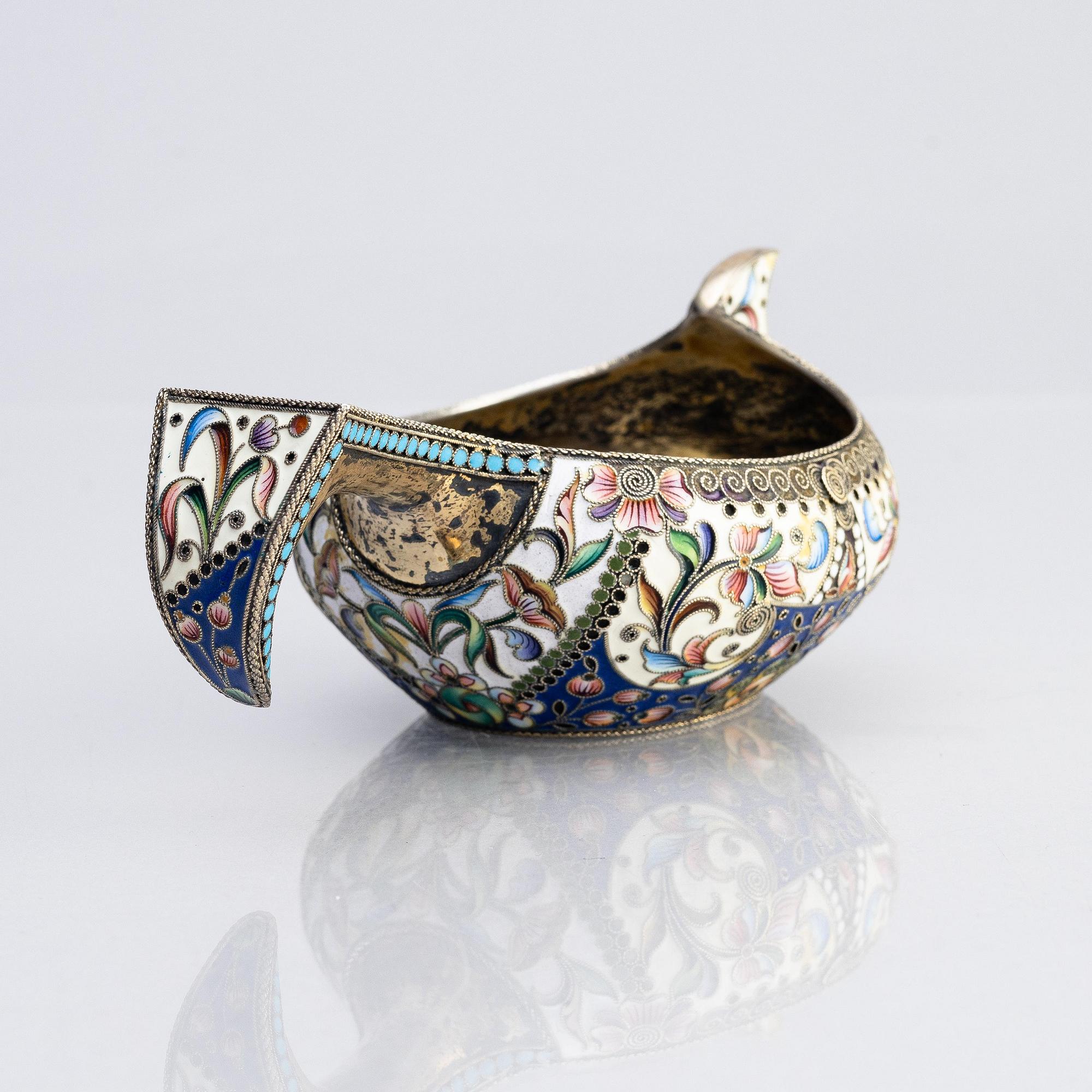 A silver and enamel kovsch, maker's mark Maria Semenova, Moscow 1908 - 1917.