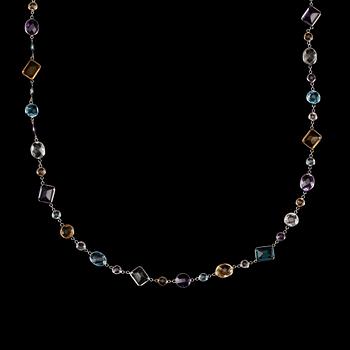 A necklace with faceted amethysts, citrines and blue and white topaz, tot app. 102 cts.