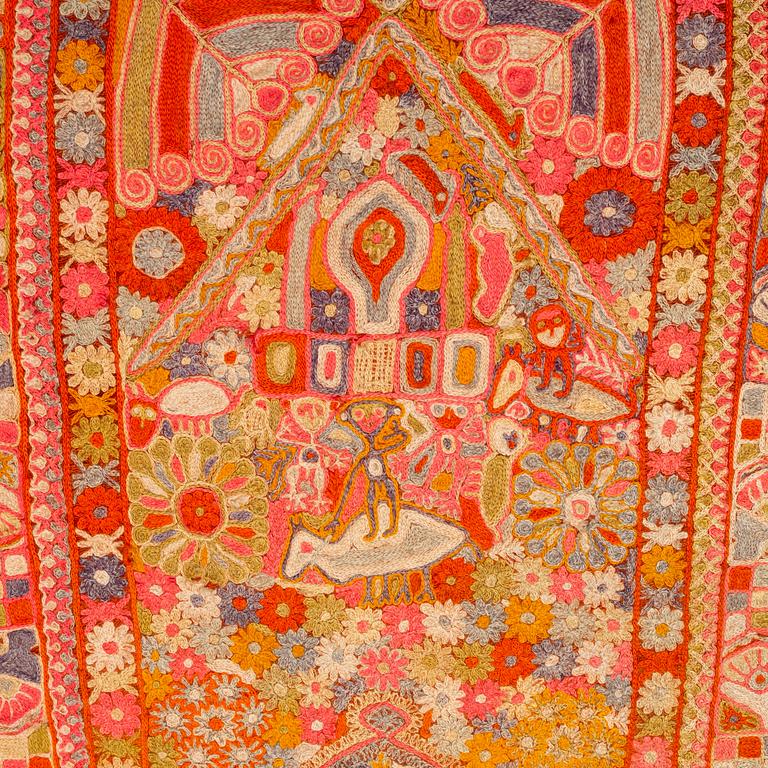 A semi-antique embroidered textile by the Marsh Arabs/nomads in Iraq, ca 232 x 164 cm.