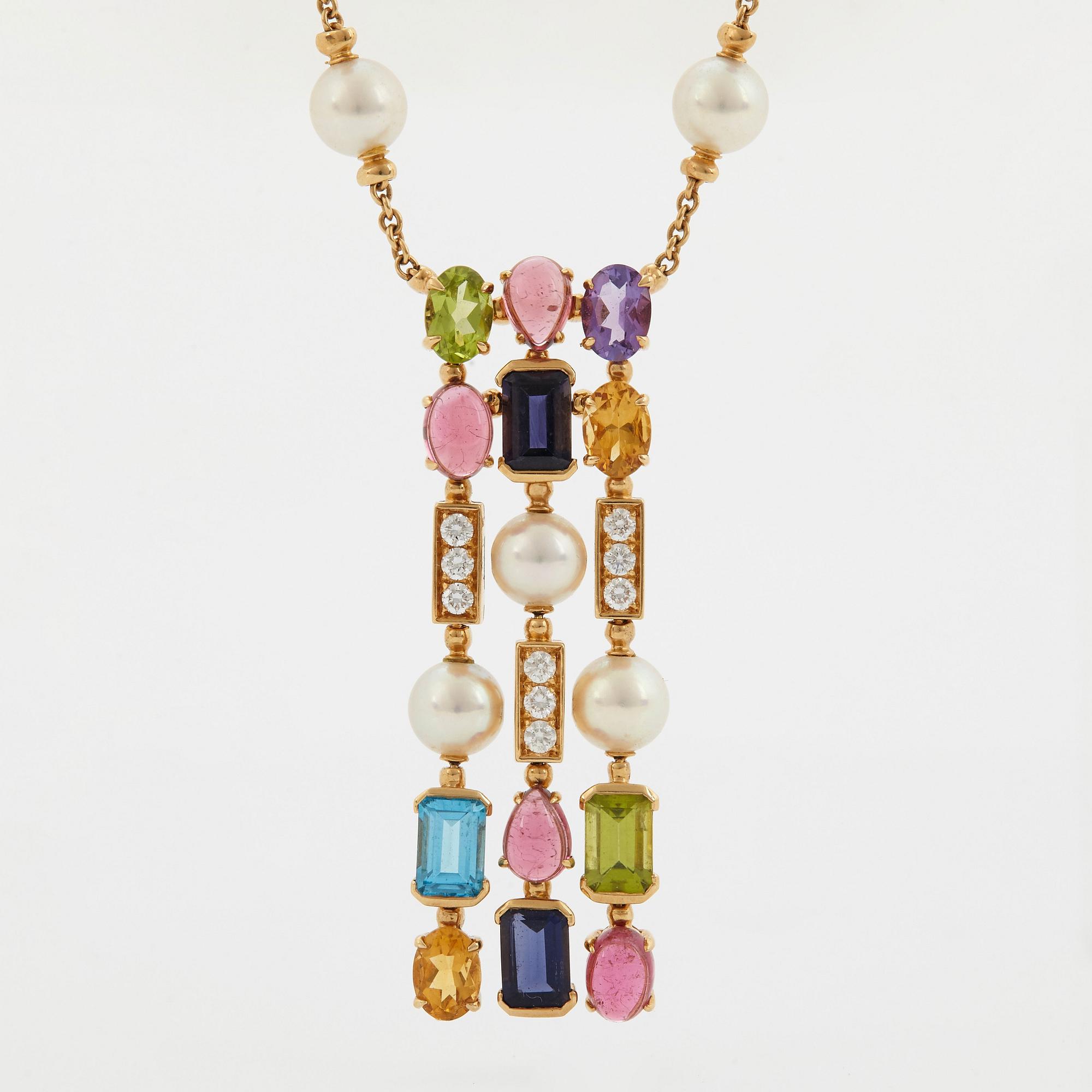 A Bulgari necklace "Allegra" in 18K gold set with coloured stones, cultured pearls and diamonds.