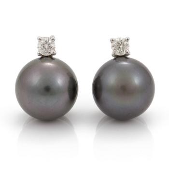 A pair of cultured tahiti pearl and diamond earrings. Total carat weght of diamonds circa 0,20 ct.