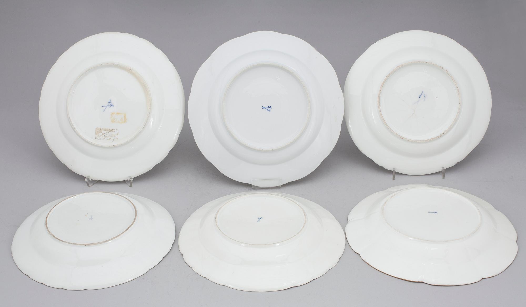 TALLRIKAR, sex stycken, porslin. Meissen, 1700-tal.