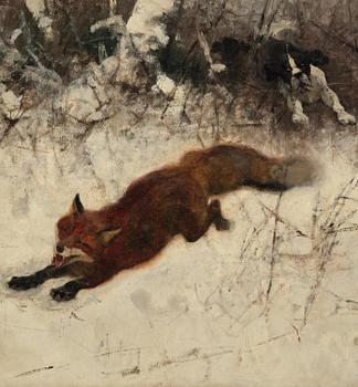 Bruno Liljefors, Winter hunting with fox and hound.