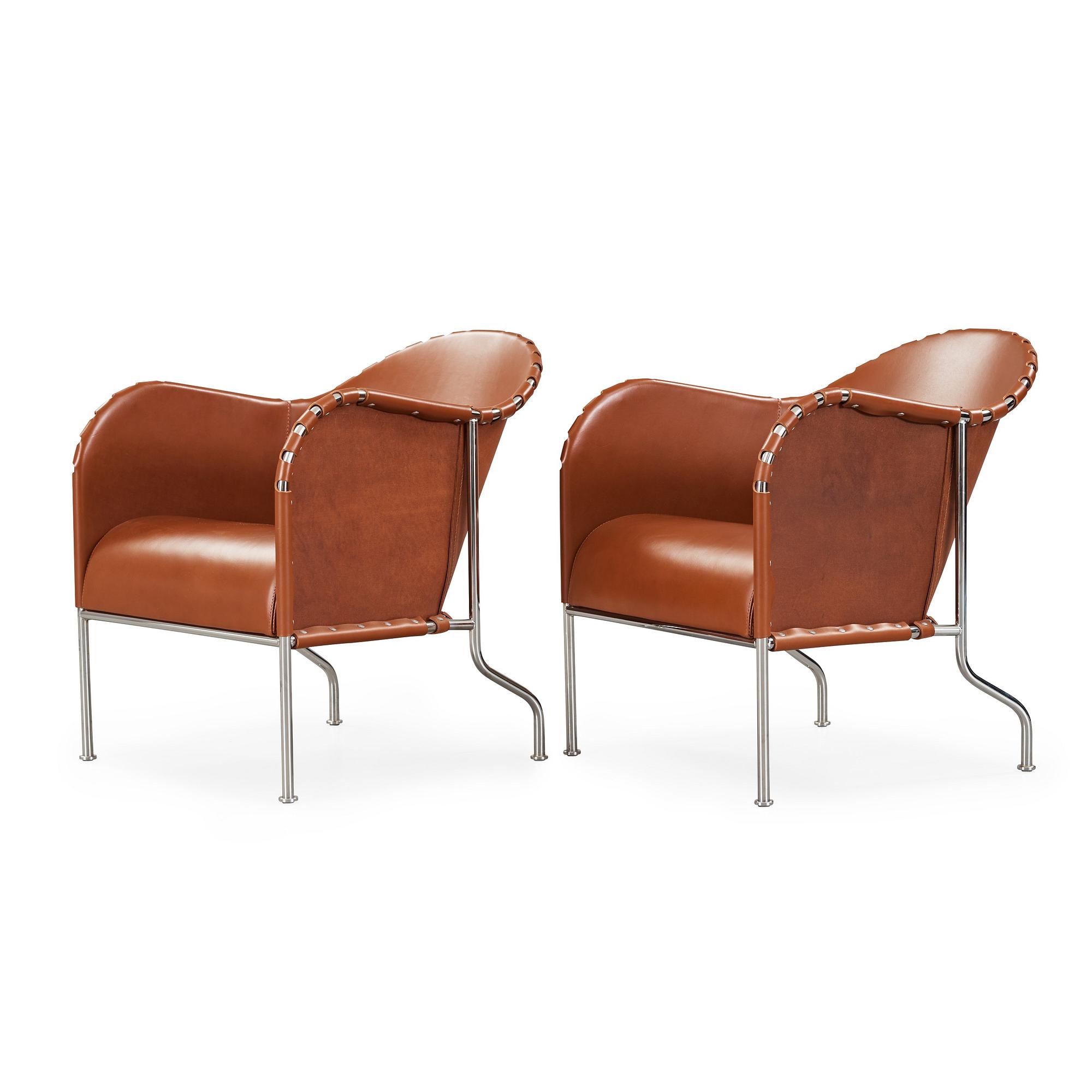 Mats Theselius, A pair of 'Bruno' brown leather and steel easy chairs, Källemo, Sweden.