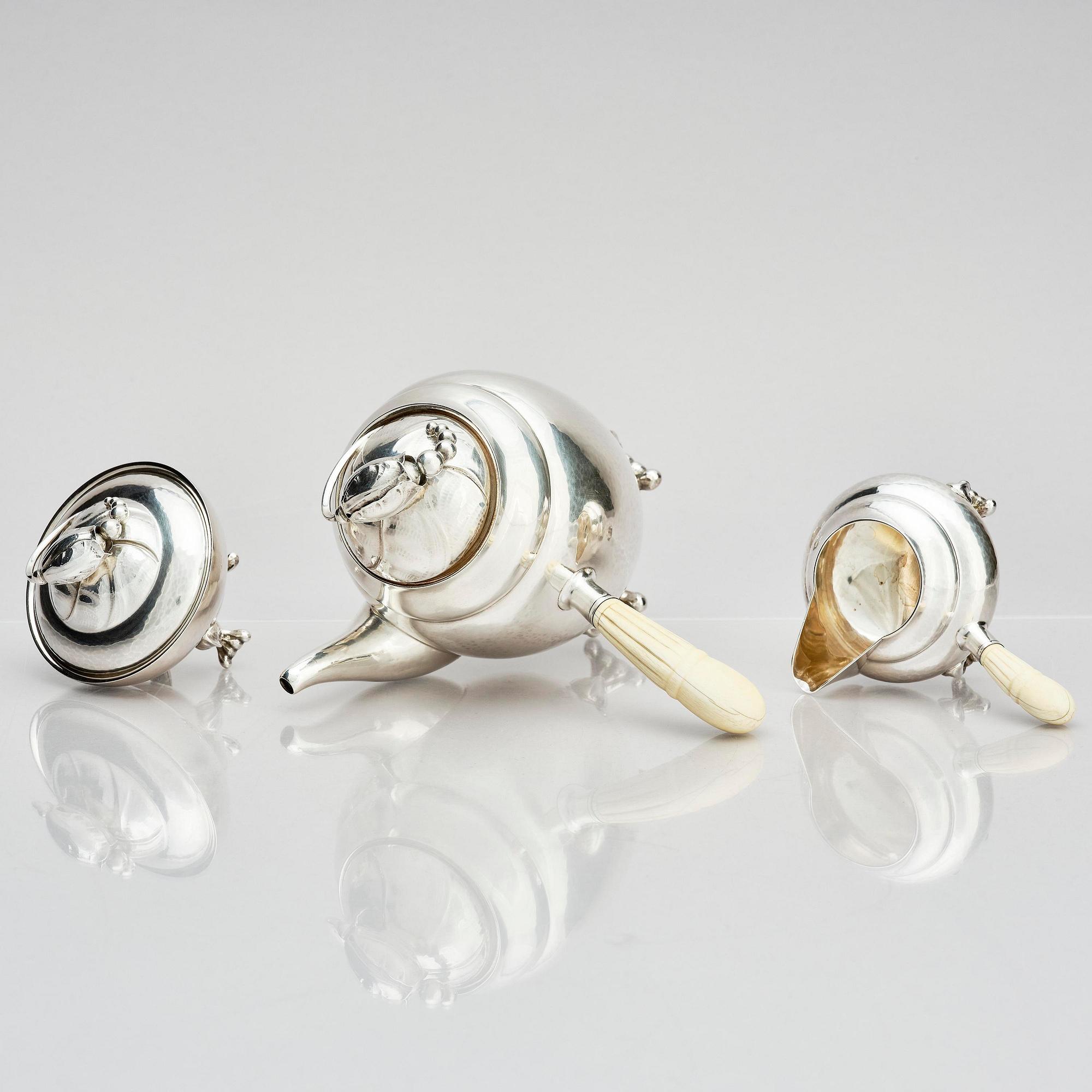 Georg Jensen, a three pieces coffee service in sterling silver, "Magnolia/Blossom", Copenhagen 1933-44.