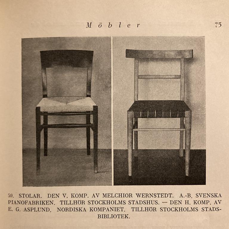 Gunnar Asplund, stolar, sex stycken, Nordiska Kompaniet, ca 1926-28, för Stockholms stadsbibliotek.