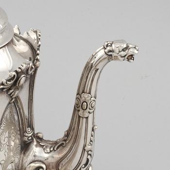 KAFFESERVIS, tre delar, nysilver, C.G Hallberg, Stockholm, omkring år 1900.
