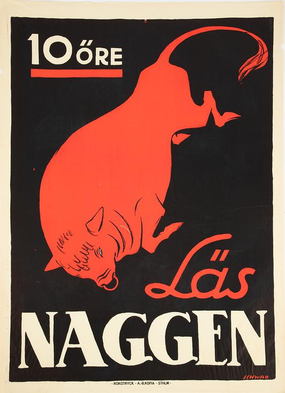 Eigil Schwab, litografisk affisch, "Läs Naggen", Rokotryck A.-B. Kopia Sthlm, omkring 1920.
