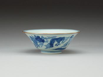 A blue and white Transitional bowl, 17th Century, with Jiajing six character mark.