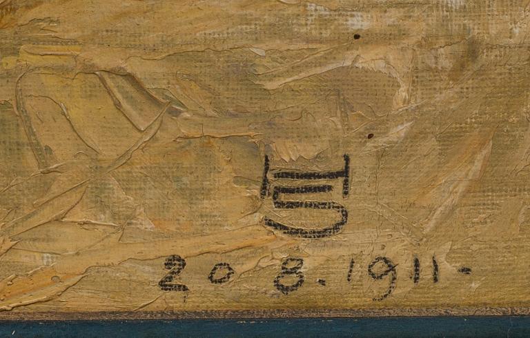 OKÄND KONSTNÄR. Olja på pannå. Monogramsignerad HS och daterad 20 8 1911.