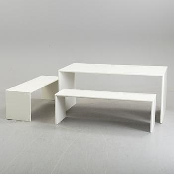 One table and 2 benches "Monterey", 3 pcs, by Peter J Lassen, Montana, 21th century.