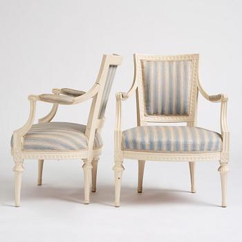 A pair of Gustavian armchairs, second part of the 18th century.