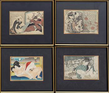 TRÄSNITT, 4 st, Japan, Shunga, 1800-tal.