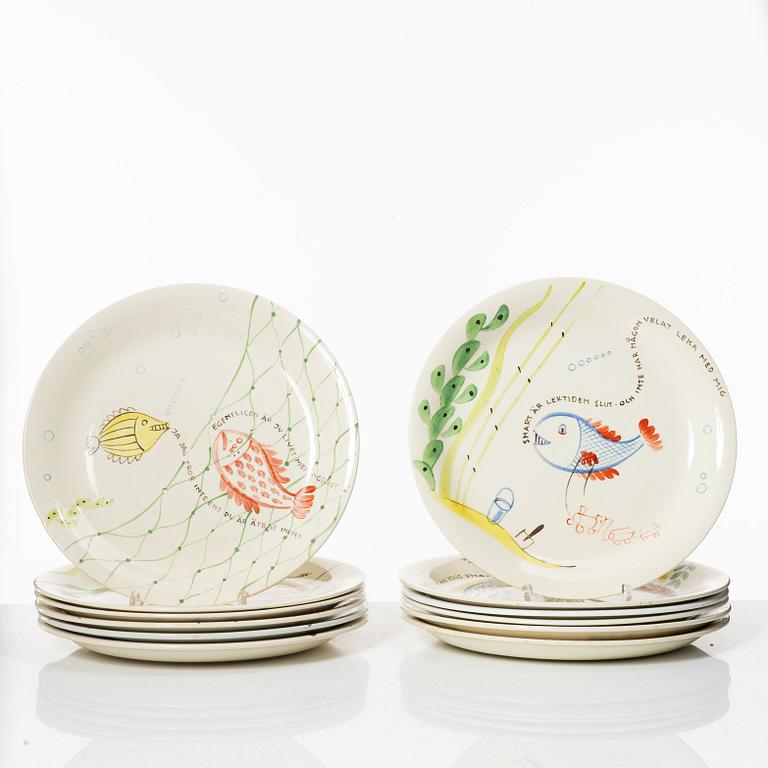 Stig Lindberg, twelve 'Löja' plates, Gustavsberg.