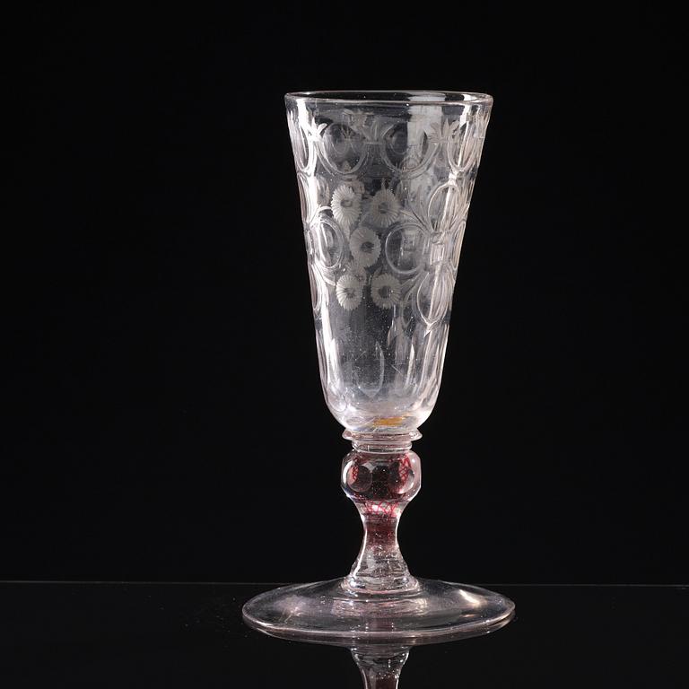 A Bohemian cut and engraved colour twist goblet, first half of the 18th Century.