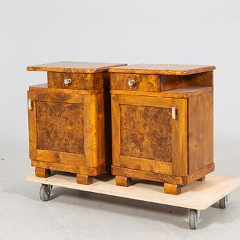 A pair of Art Deco 1930/40s root veneer bedside tables.