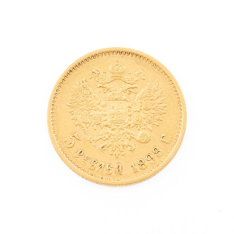 Gold coin, Nicholas II, Russia, 5 Rubles, 1898.