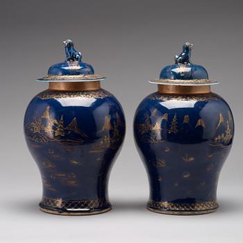 A pair of 'powder blue' baluster jar with covers, Qing dynasty, Qianlong (1736-95).