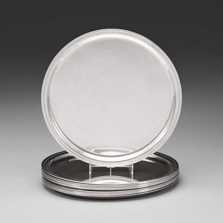 ÅKE STRÖMDAHL, kuverttallrikar, 12 stycken, Atelier Hugo Strömdahl, Stockholm 1959, sterling.