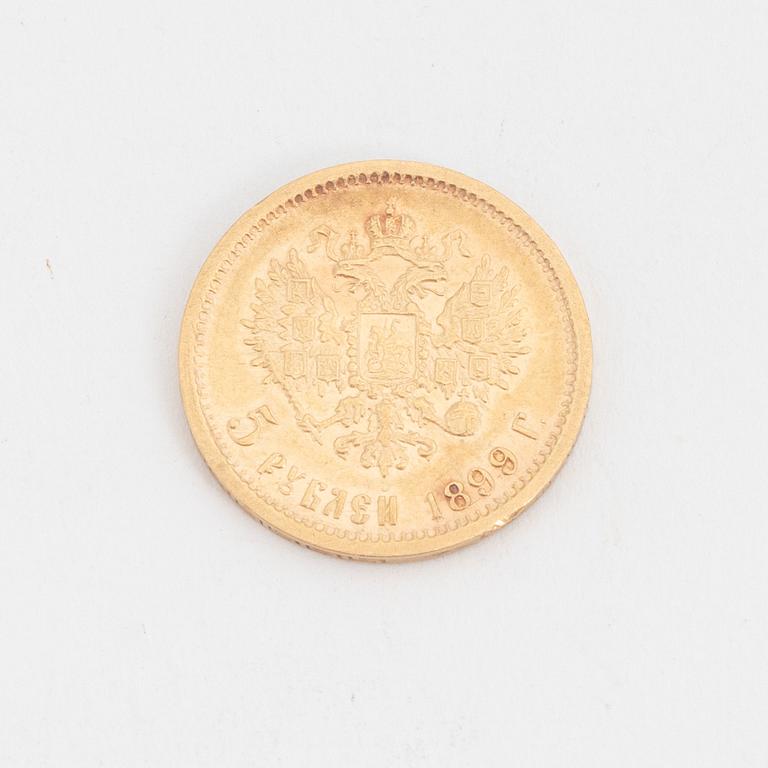 A Russian goldcoin, 5 rubles, 1899.