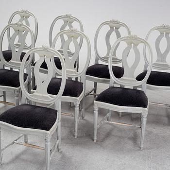 Eight second half of the 20th century Gustavian style chairs.