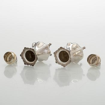 Black Starr & Frost, a pair of sterling silver shakers and sugar bowls, USA around 1900, Gorham pair of sterling spoons.