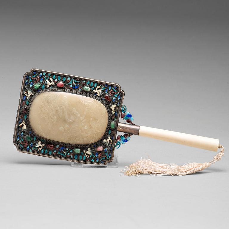 A Chinese enameled silver mirror with a large carved nephrite placque, early 20th Century.