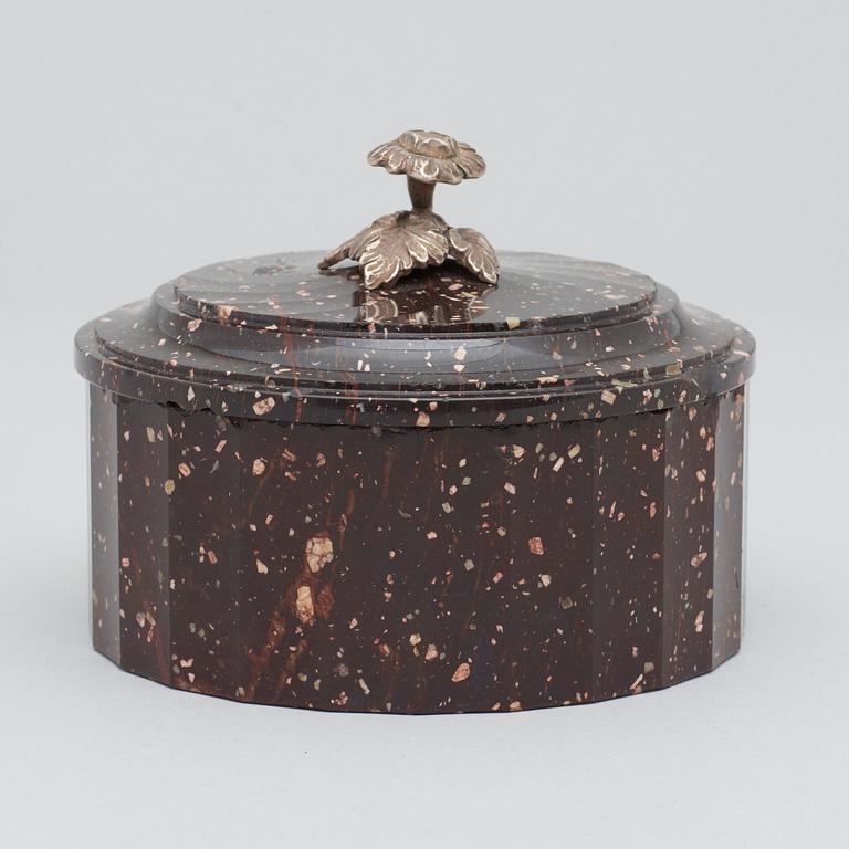 A Swedish Empire porphyry butter box.