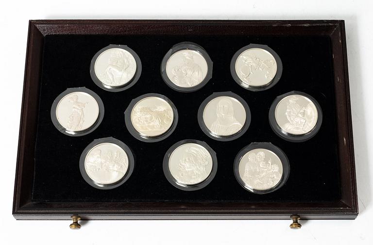 Schatull med medaljer silver 925/1000. "Mästaren och geniet Leonardo da Vinci". Franklin Mint 1970-tal.