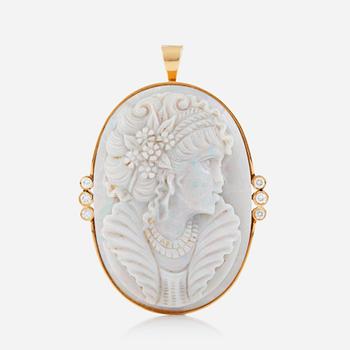 1254. A carved opal cameo pendant/brooch with brilliant-cut diamonds total carat weight circa 0.40 ct.