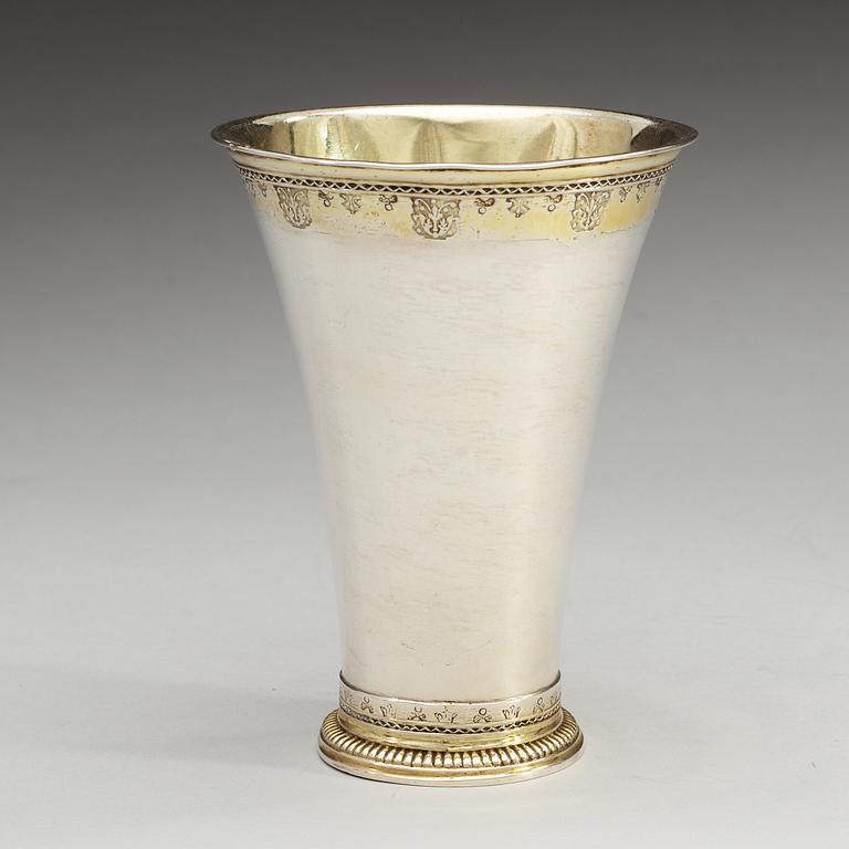 A Swedish 18th century parcel-gilt beaker, makers mark of Conrad Heitmüller, Nyköping 1777, dubble mark of.