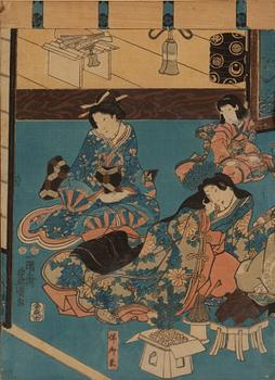 UTAGAWA KUNISADA I (TOYOKUNI III) (1786-1865), a colour triptych, woodblock print, Japan, 19th century.