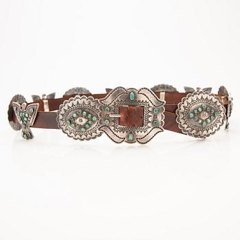 Belt with 12 buckles, silver with set turquoises.
