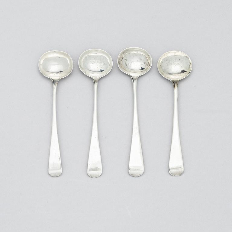 Four English 18th century silver salt-cellars, mark of William Fountain & Daniel Pontifax, London 1791, and spoons.