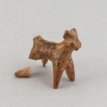 Three earthenware/terracotta sculpture heads and  animals.