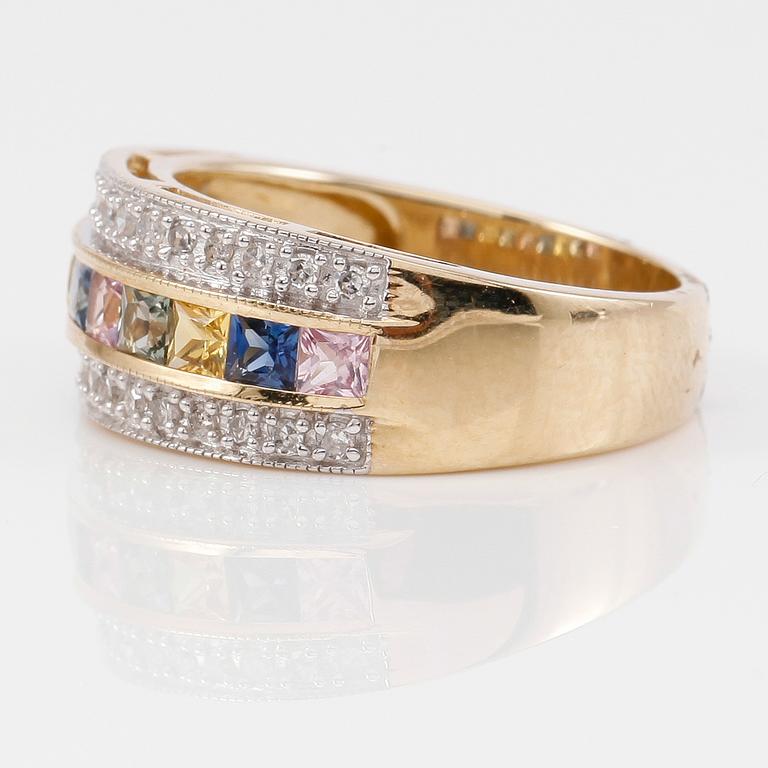 RING, 10K guld, diamanter tot ca 0.20 ct. och flerfärgade safirer.