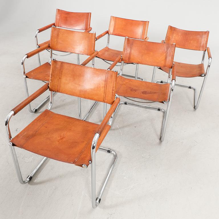 A set fo six Italian late 20th century chrome and leather armchairs.