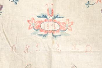 Embroidered textile dated 1898, linen, approximately 183x67 cm.