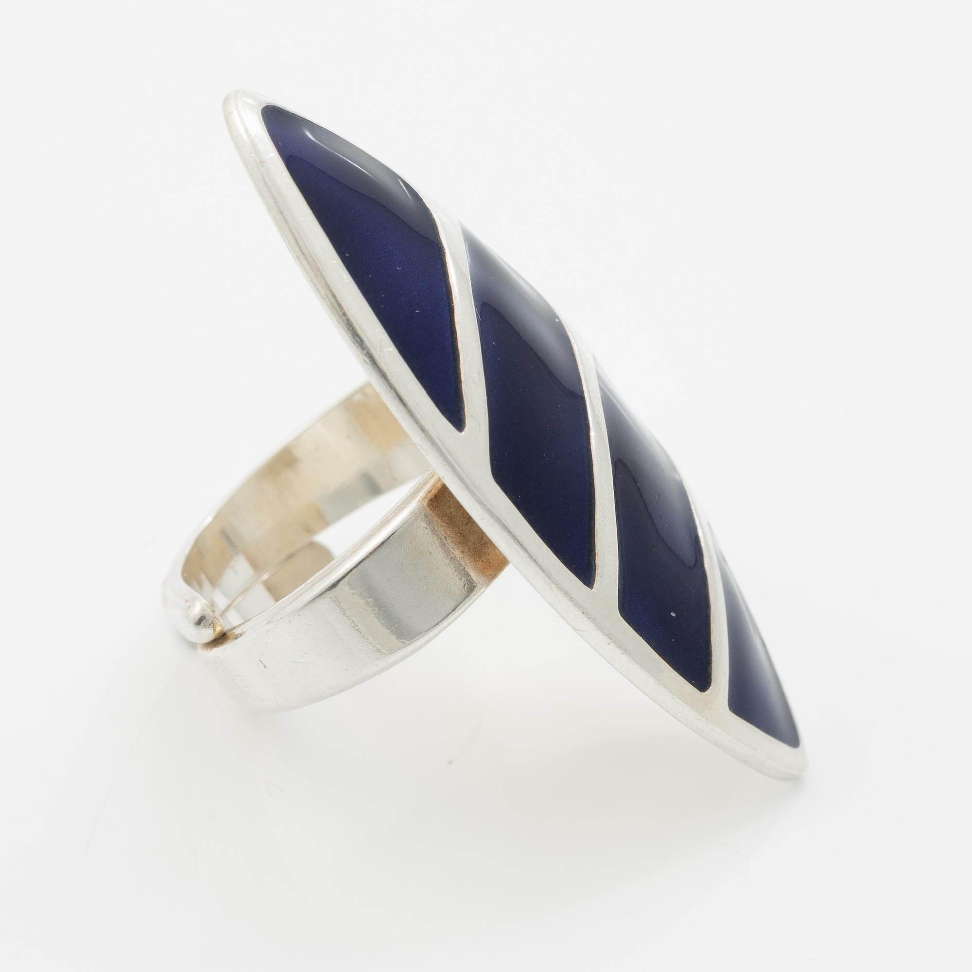David Andersen, brooch, a pair of earrings and a pendant, silver and enamel.